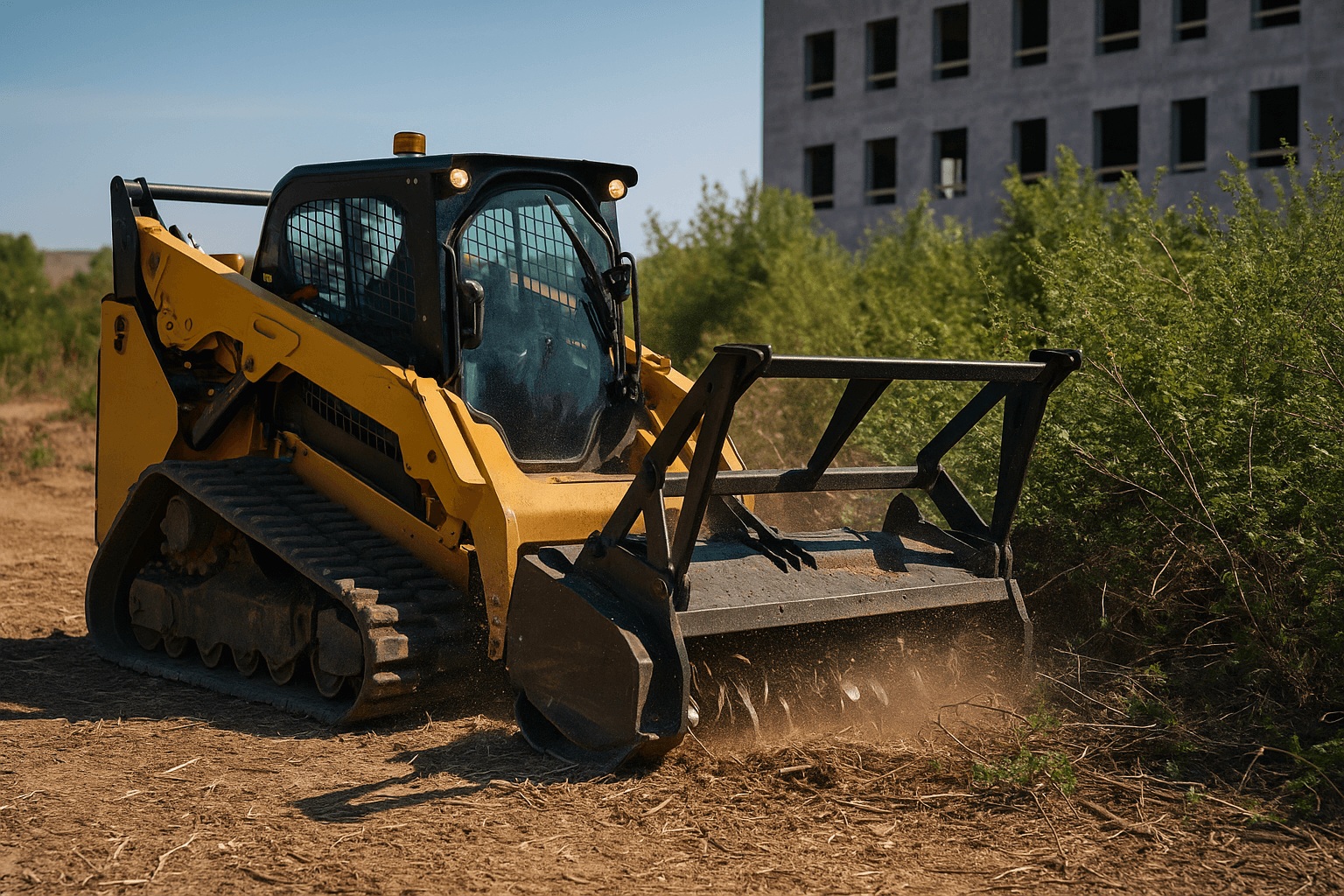 Forestry mulcher clearing brush on a commercial site