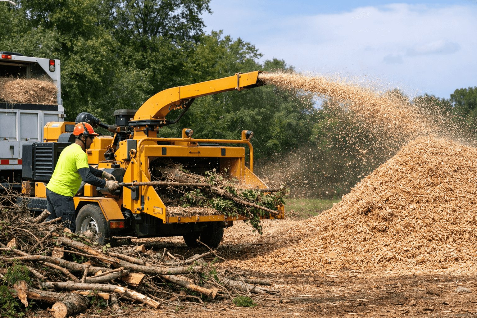 Professional wood chipping equipment processing woody debris efficiently