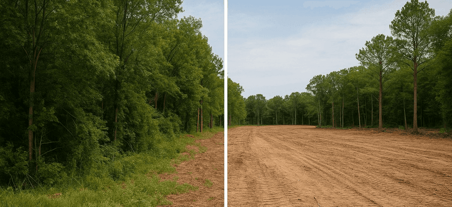 Wide commercial development parcel cleared and prepared for structural foundation works