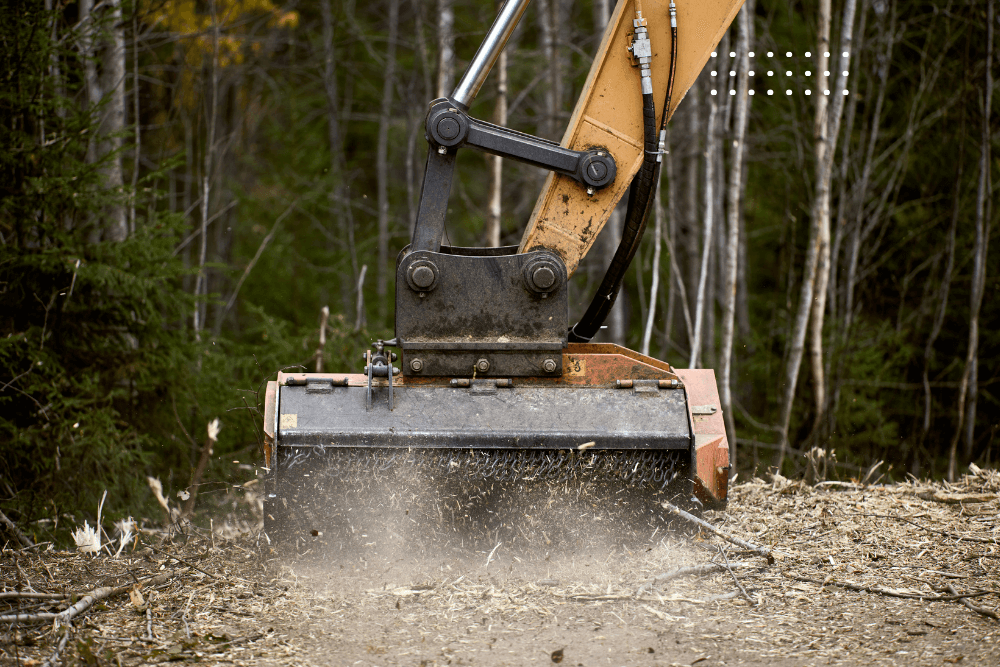 Mulching head processing saplings along a fence line