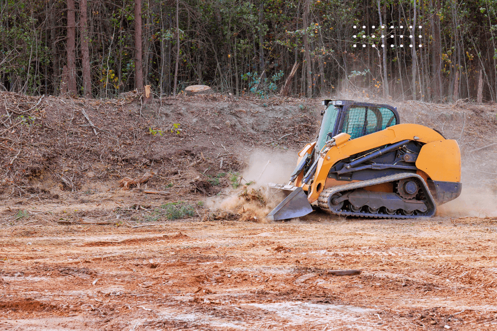 Excavator clearing trees and brush to prepare land for development