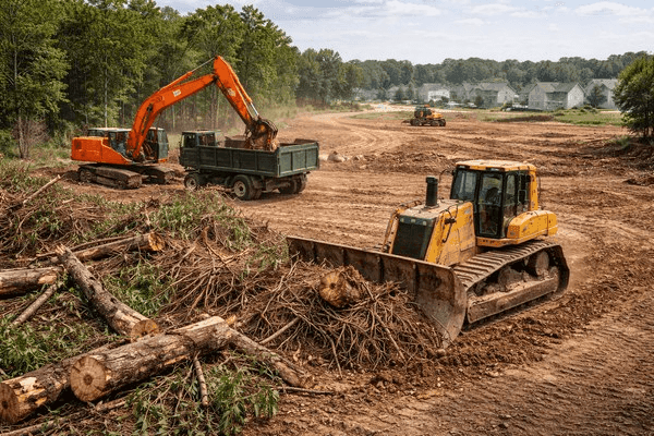 Clean leveled ground prepared for residential septic tank and lateral drain field installation