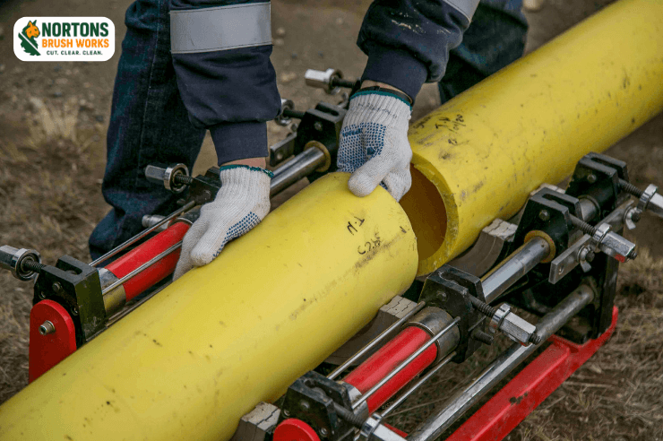 Site preparation for utility installation including pipes, fencing, and power