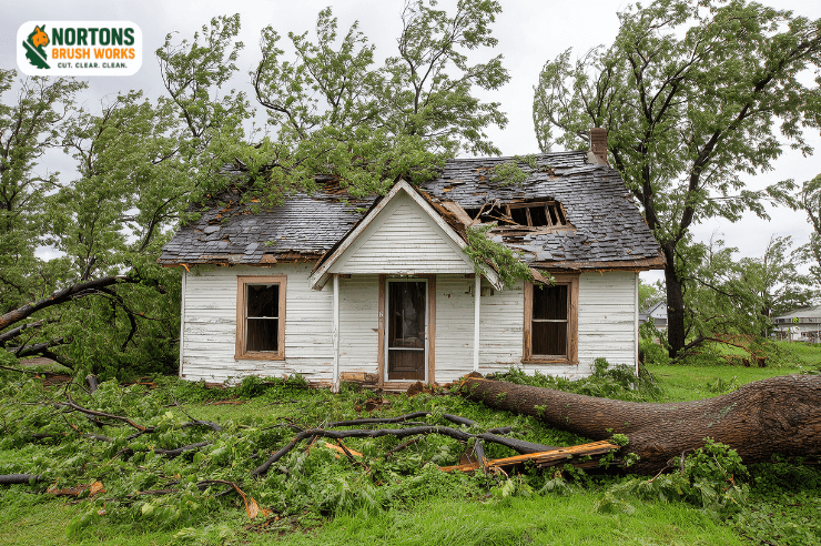 Storm debris cleanup removing fallen trees and vegetation
